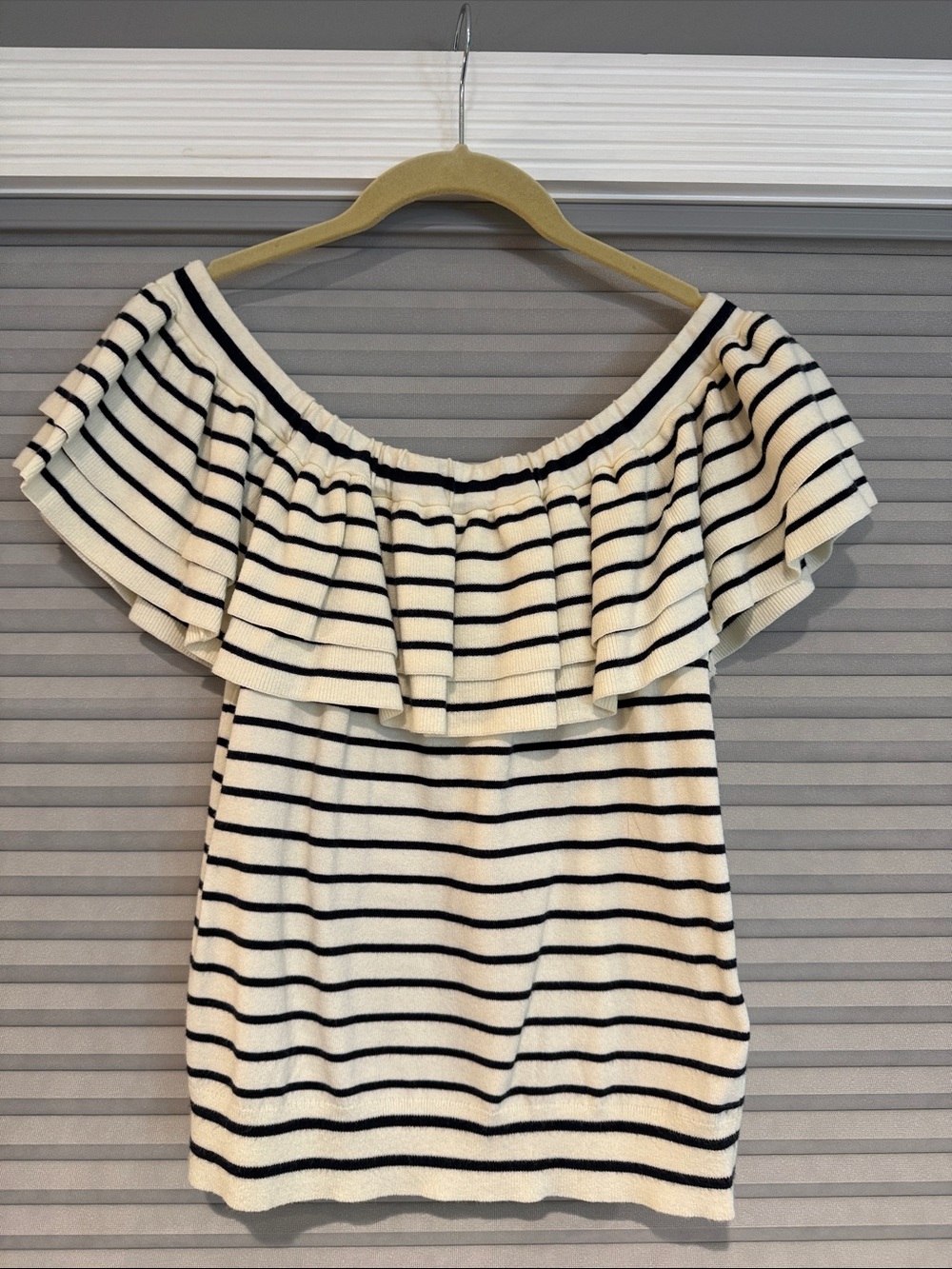 New J.Crew Off-Shoulder Black & White Striped Ruffle Top - size S